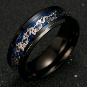 Stainless Steel Black, Blue and Gold Dragon Ring